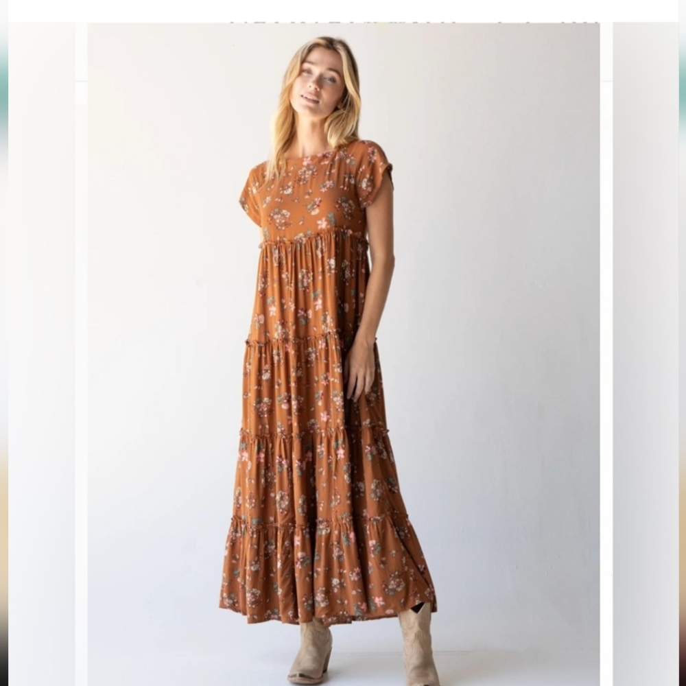 Natural Life Berkley Maxi Dress Brown Floral XL Boho Cowgirl Peasant